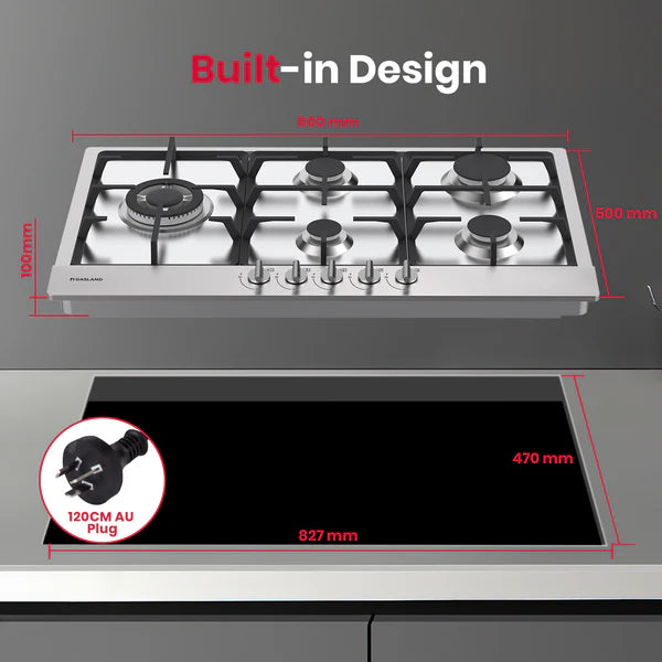 90cm 5 Burner Stainless Steel Side Tri-ring Gas Cooktop