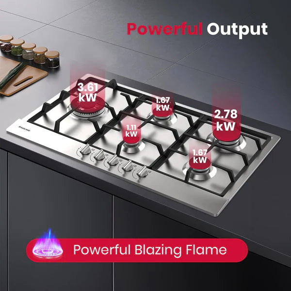 90cm 5 Burner Stainless Steel Side Tri-ring Gas Cooktop