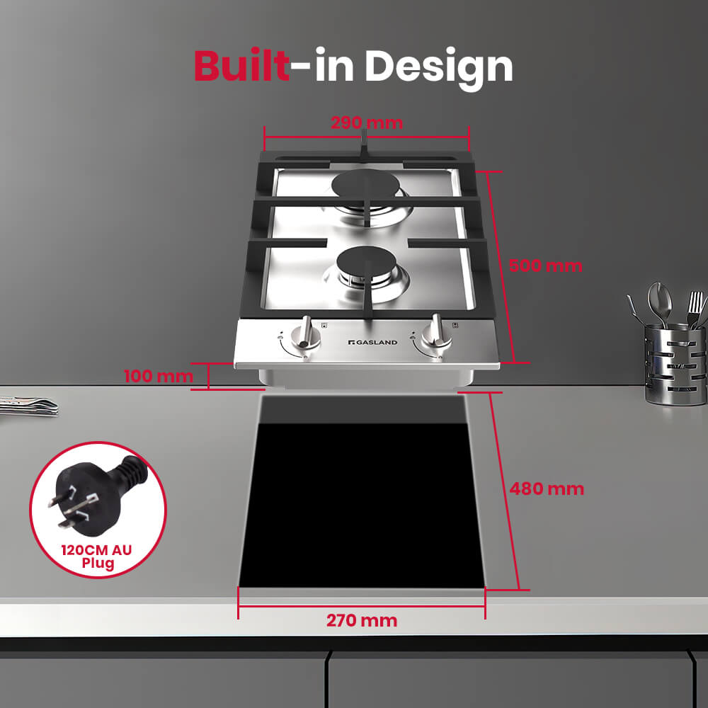 GASLAND 30cm 2 Burner Stainless Steel Gas Cooktop With Griddle