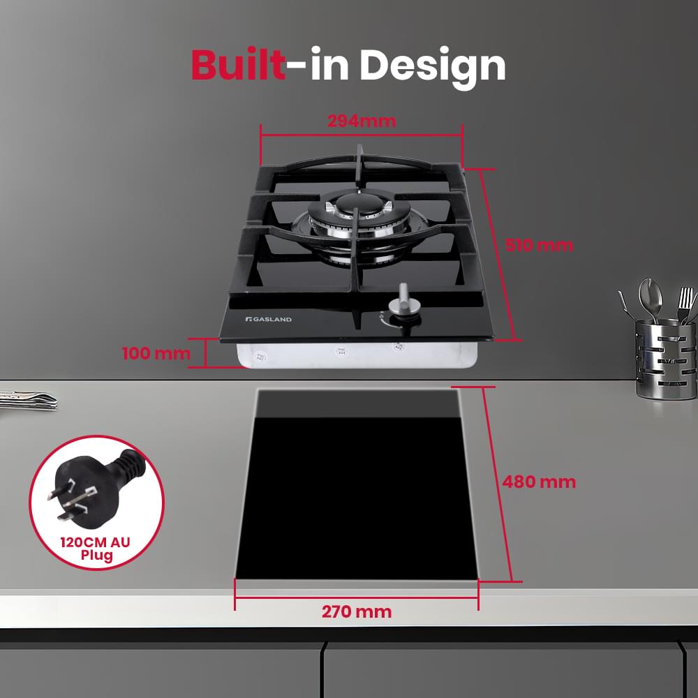 GASLAND 30CM Single Burner Black Tempered Glass Tri - ring Gas Cooktop