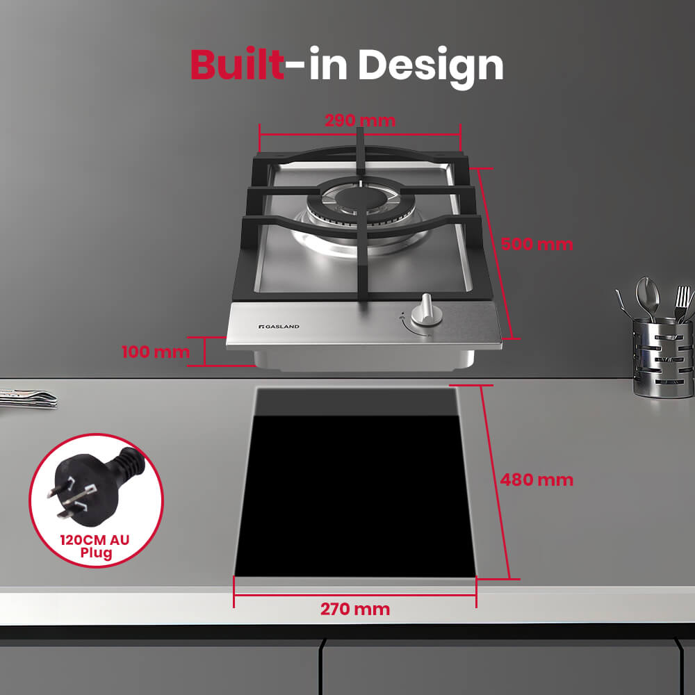 GASLAND 30cm Stainless Steel Single Burner Gas Cooktop With Griddle