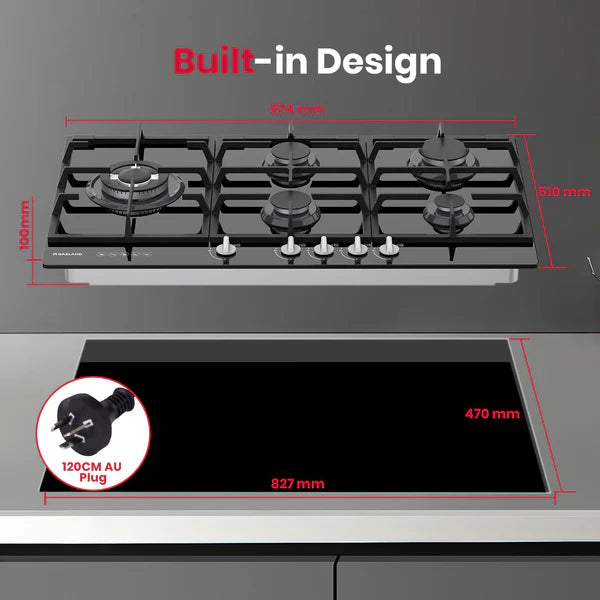 90cm 5 Burner Black Tempered Glass Side Tri-ring Gas Cooktop