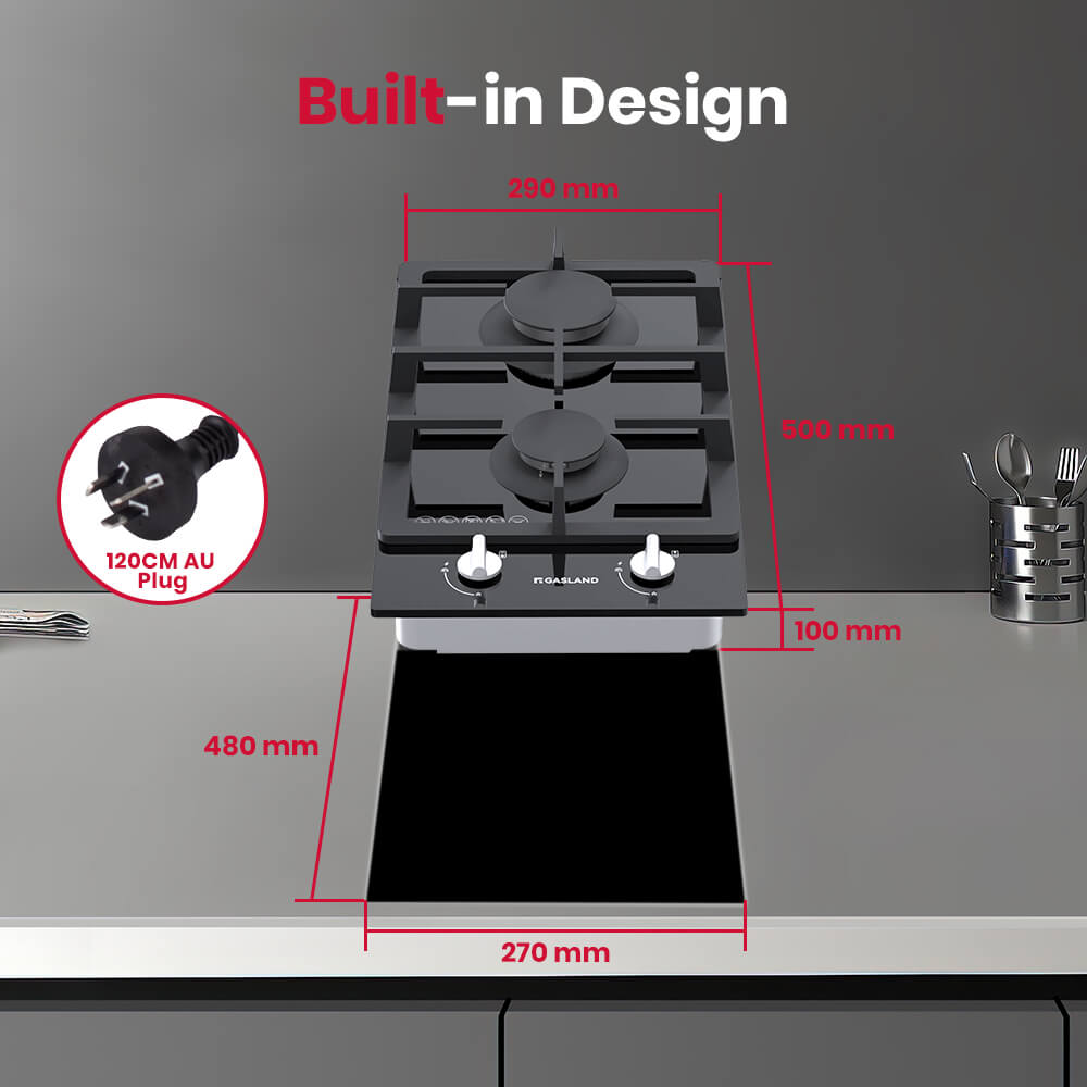 GASLAND 30CM 2 Burner Black Tempered Glass Gas Cooktop