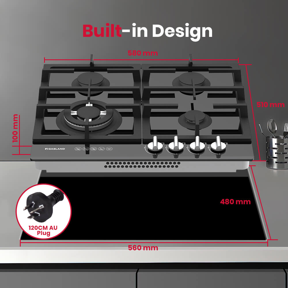 GASLAND 60CM 4 Burner Black Tempered Glass Tri-ring Gas Cooktop