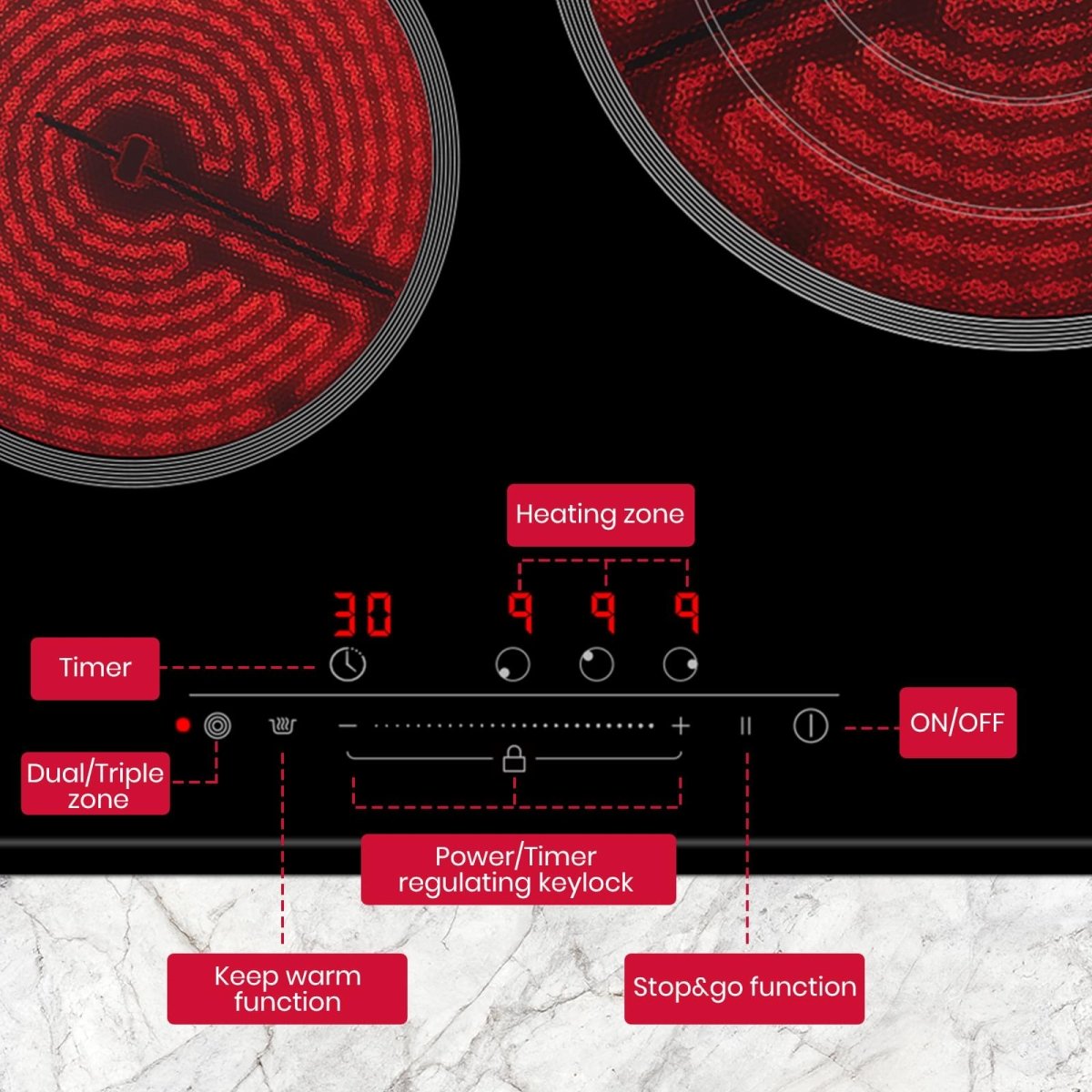 GASLAND 60cm 3 Burner 5700W Triple Ring Slider Touch Control Electric Ceramic Cooktop