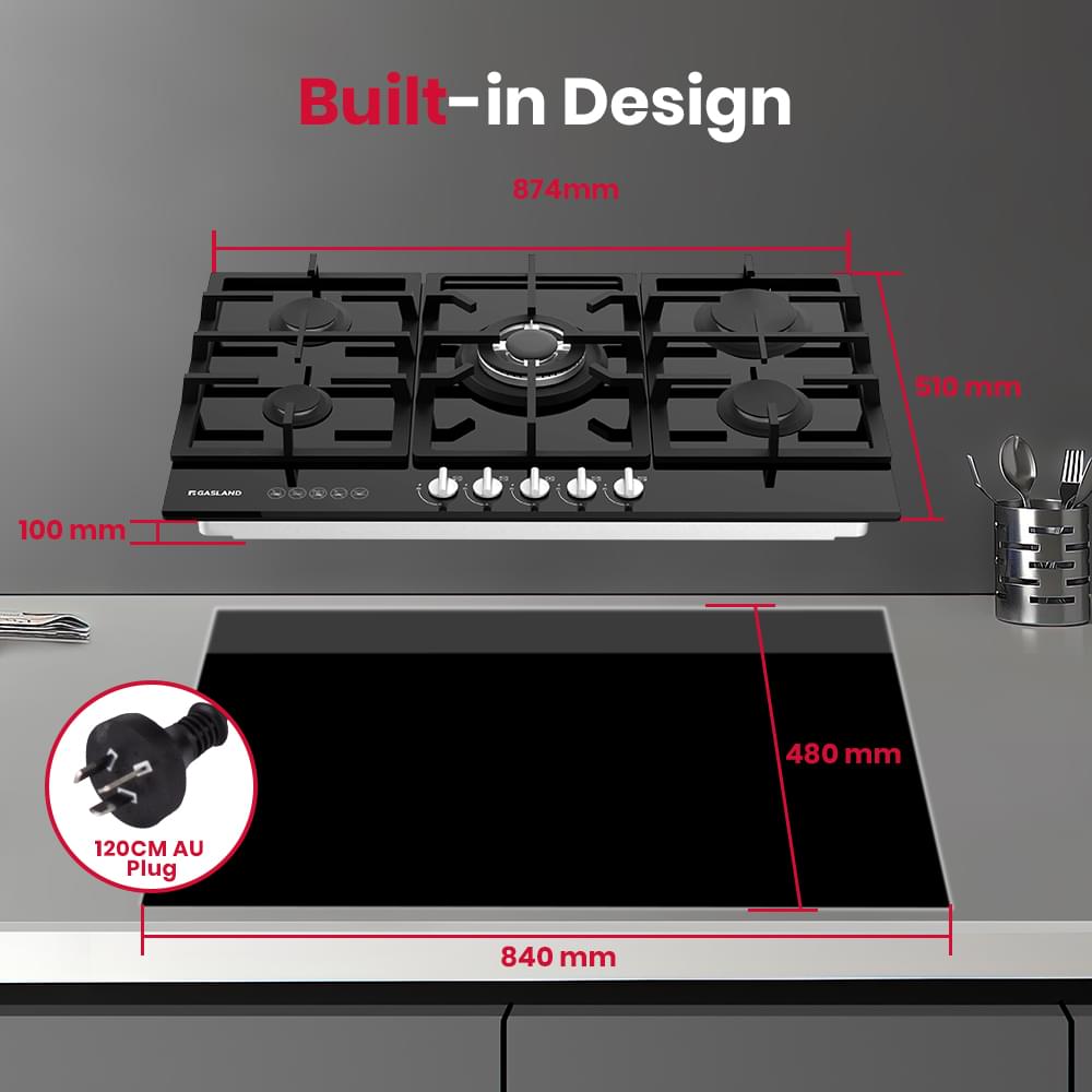 GASLAND 90CM 5 Burner Black Tempered Glass Tri - ring Gas Cooktop